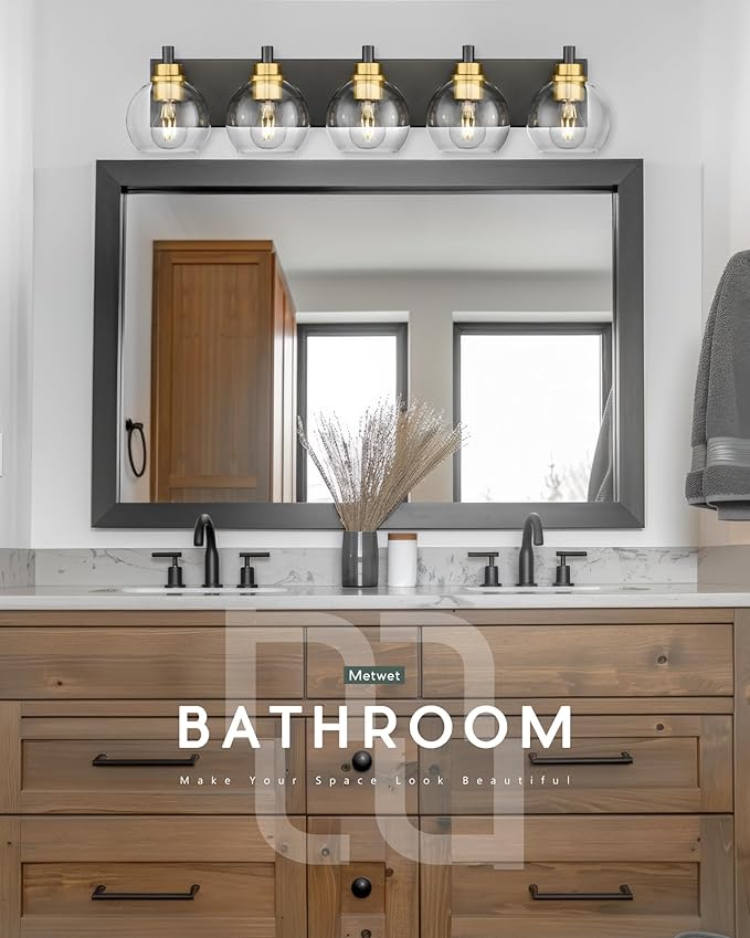METWET Bathroom Light Fixtures, 5-Light Black and Gold Bathroom Vanity Light - Image 5
