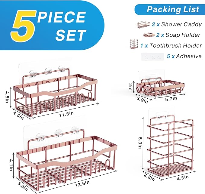 EUDELE 5-Pack Rustproof Stainless Steel Shower Caddy – No Drill Adhesive - Image 7