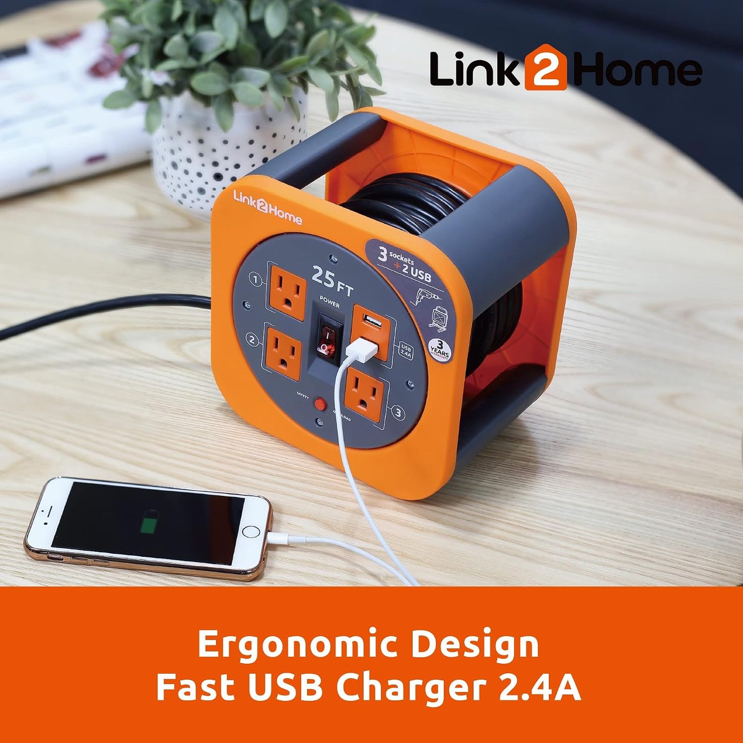 Link2Home 25 Ft. Extension Cord Reel, 4 Outlets, 2 USB Ports | 16 AWG SJT cable, 2.4A fast-charge USB, compact storage reel design
