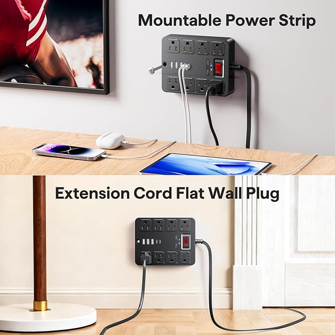 13 in 1 Surge Protector Power Strip Flat Plug 8 Widely AC Outlet 3 USB Ports - Image 5
