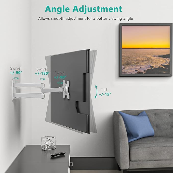 WALI TV Wall Mount Articulating LCD Monitor Full Motion 15 inch Extension Arm - Image 3