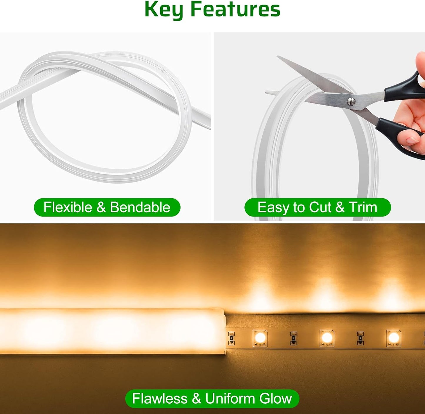 16.4Ft Silicone LED Channel System, Flexible LED Strip Diffuser with Milky White Cover, DIY Spotless Neon Rope Light Tube for LED Strips up to 12mm Wide (LED Strip Not Included)
