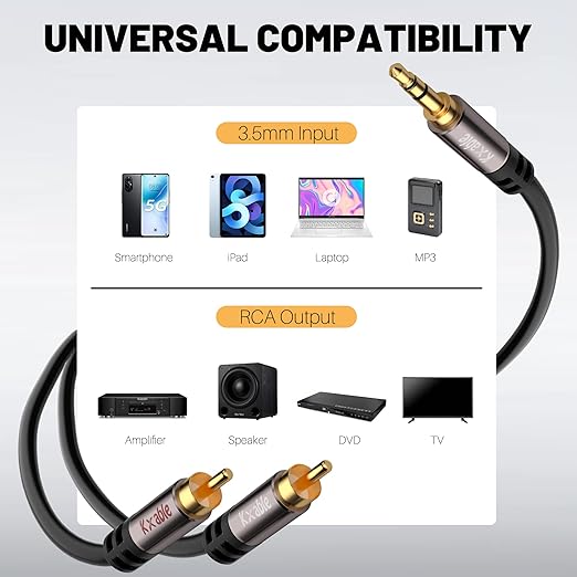 Kxable 3.5mm to RCA Cable 100FT, 2 Male RCA to Aux Stereo Audio Adapter - Image 6