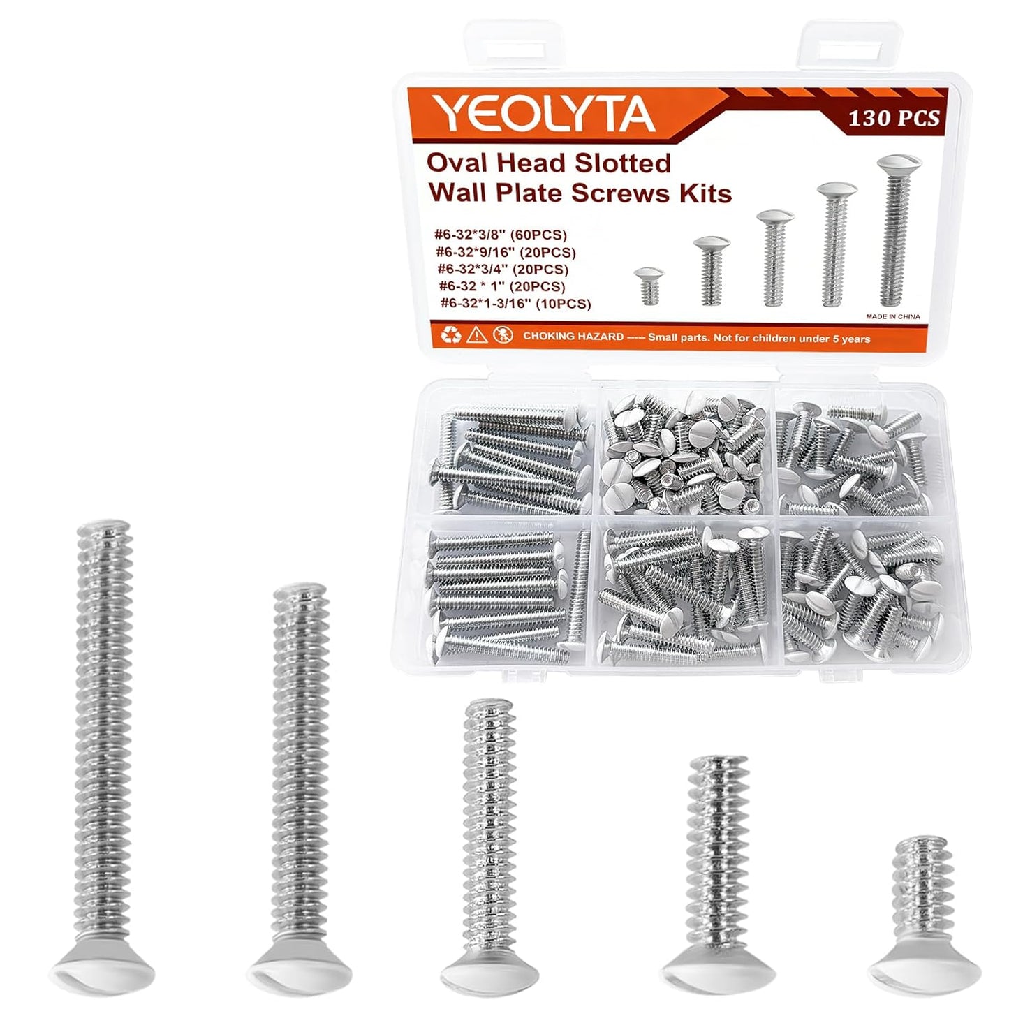 130PCS Wall Plate Screws,6-32 Thread White Outlet Cover Screws,Oval Head Slotted Light Electrical Cover Panel Switch Plate Screws,5 Length 3/8", 9/16", 3/4", 1", 1-3/16" Long