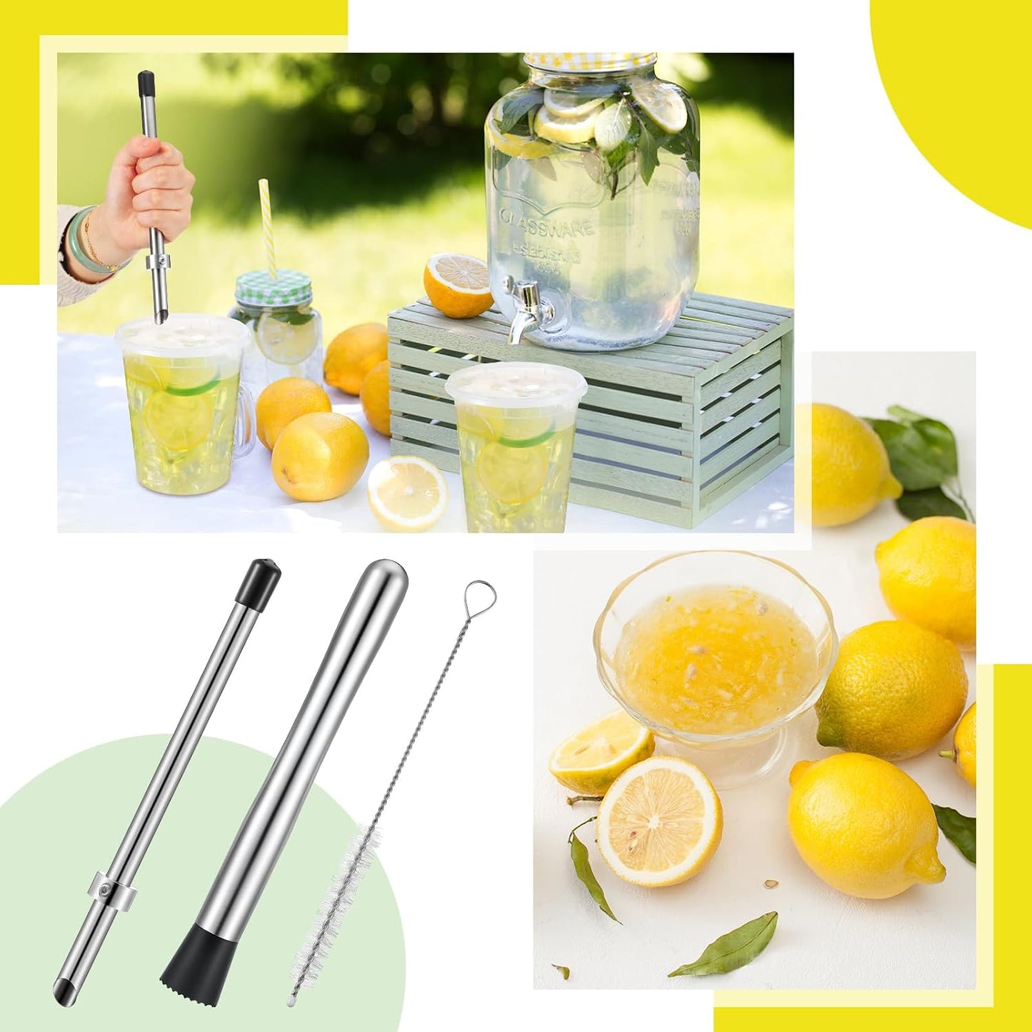Honeydak 3 Pcs Straw Hole Puncher Muddler, Lemonade Punch Tool Set, 6.3Inch | 304 Stainless Steel Build, Perfect for Plastic Lids Boba Cups, Lemonade Stand Supplies, Stir Spoon & Cleaning Brush Included