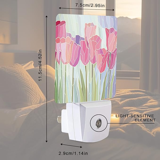 Smoaffly Pink Tulip Flowers Night Light Plug-in LED Nightlights Auto Sensor - Image 4