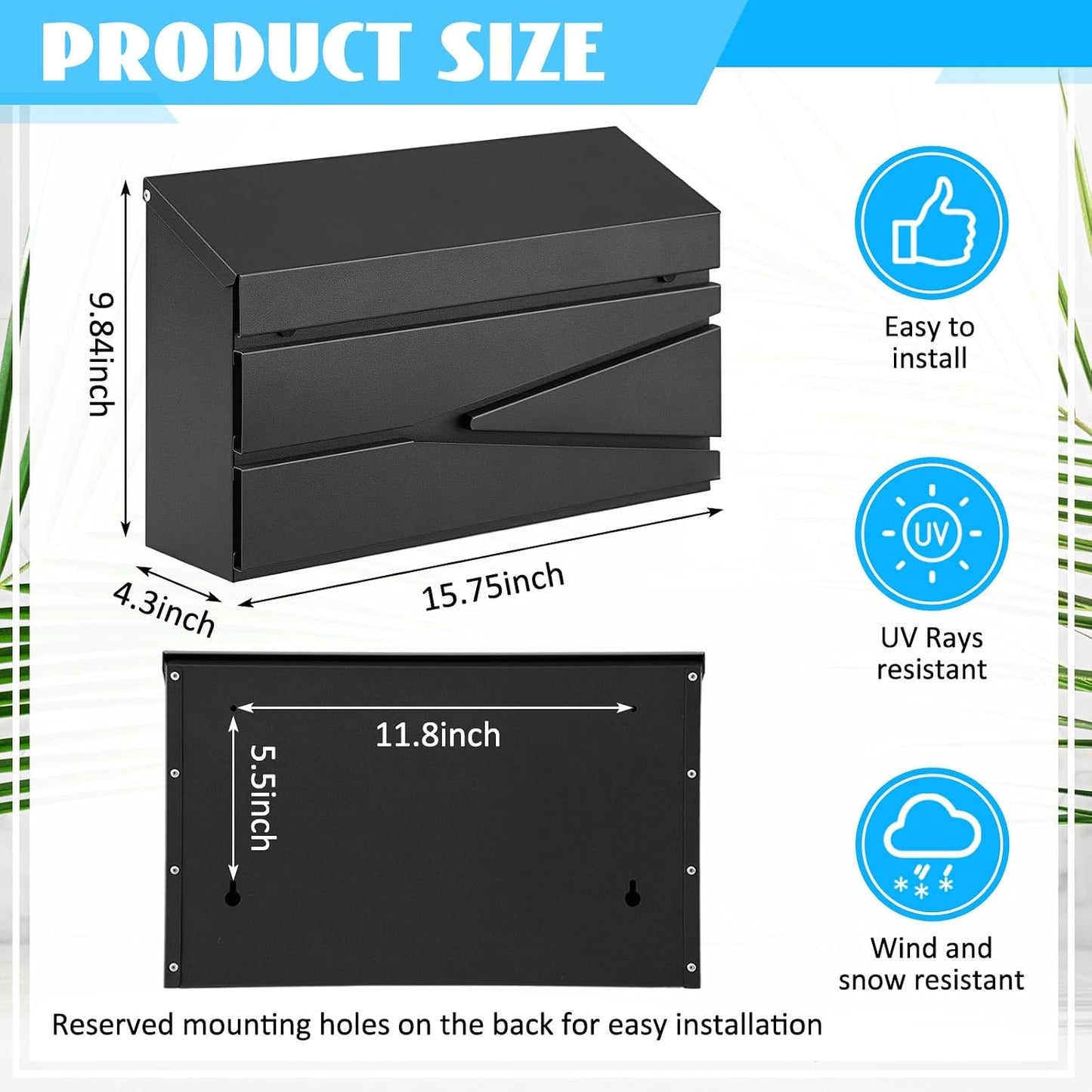 Yaocom Wall Mount Mailbox Large Capacity Mailbox for Outside Galvanized Steel Rustproof Metal Mail Drop Post Modern Black Collection Box Hanging Postbox 15.75" x 9.84" x 4.33" (No Keys Locking)