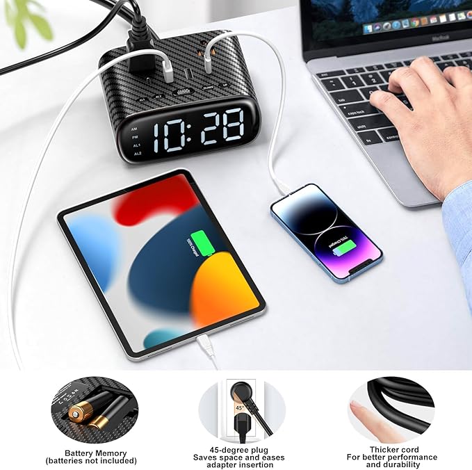 10PCS Alarm Clock with 2 USB-C, 2 USB-A Chargers Power Strip 2 Outlets - Image 6