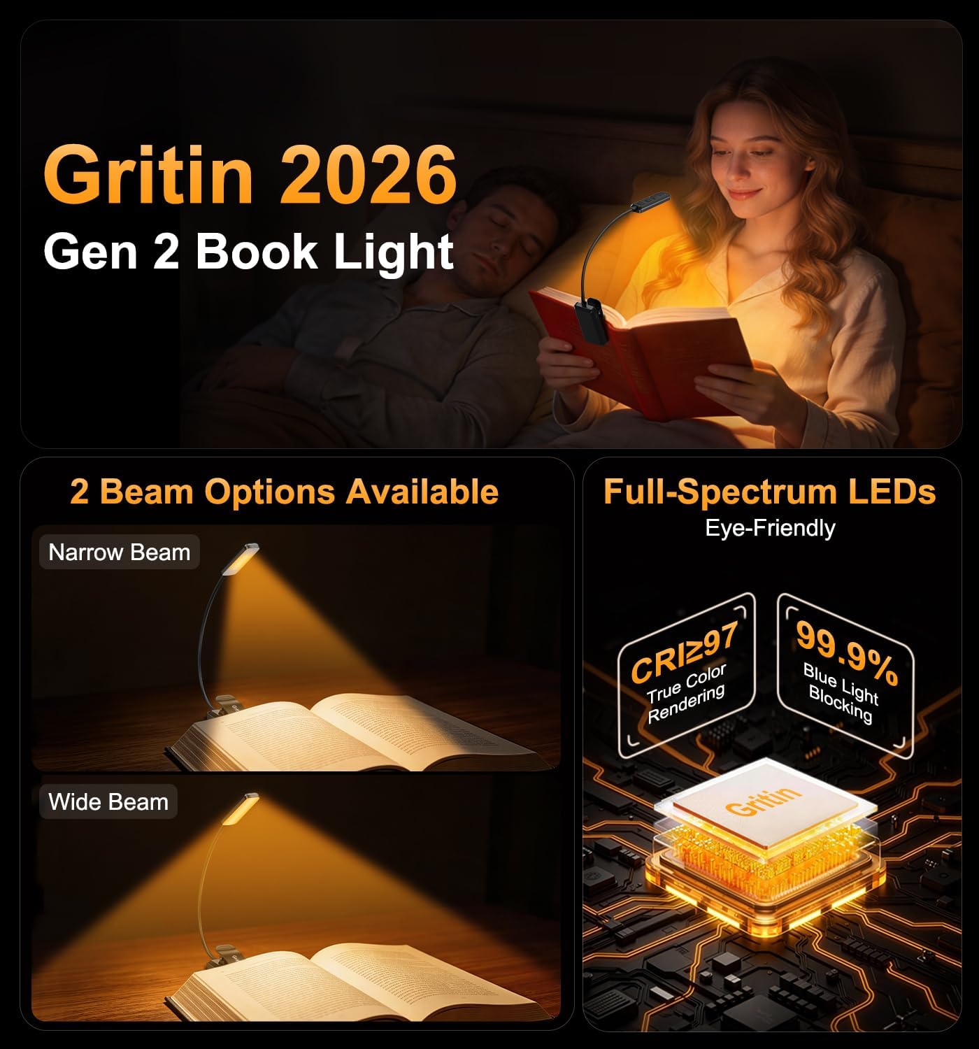 Gritin 2026 Gen 2 Book Light for Reading- 30 Eye Caring Full Spectrum LED | 5 Colors & 5 Brightness, Adjustable Wide/Narrow Beam, Upgrade 1500mAh Long-Lasting Rechargeable Clip on Light for Book Lovers