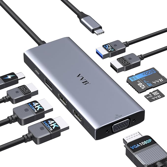 USB C Docking Station Dual Monitor HDMI Adapter by VVB