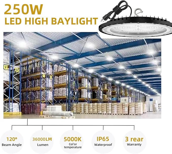 2Pack UFO LED High Bay Light 250w, 5 ft cable - Image 2