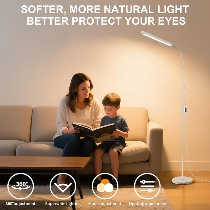 White LED Reading Floor Lamp, Bright 12W Dimmable Standing Light, Adjustable - Image 2
