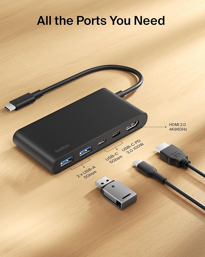 Belkin USB C Hub, 5-Port Hub w/ 4K HDMI Display @ 60Hz, 100W Power Delivery - Image 3