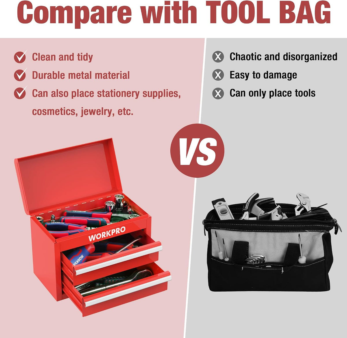 workpro mini metal tool box with 2 drawers showing dimensions