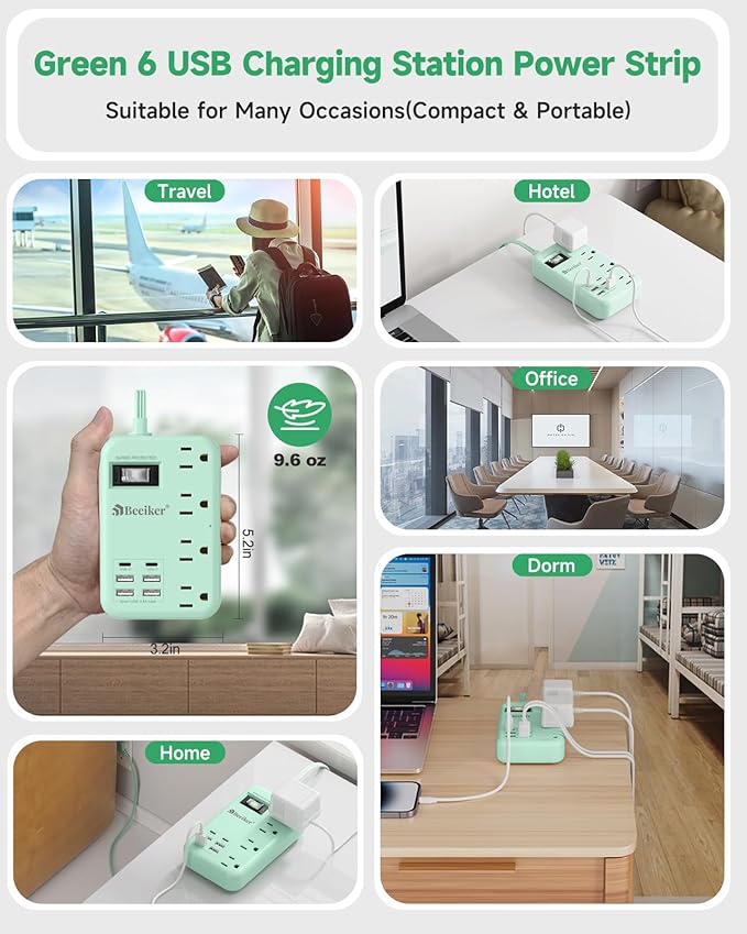 6 USB Green Travel Power Strip- 5Ft Green Extension Cord - Image 8