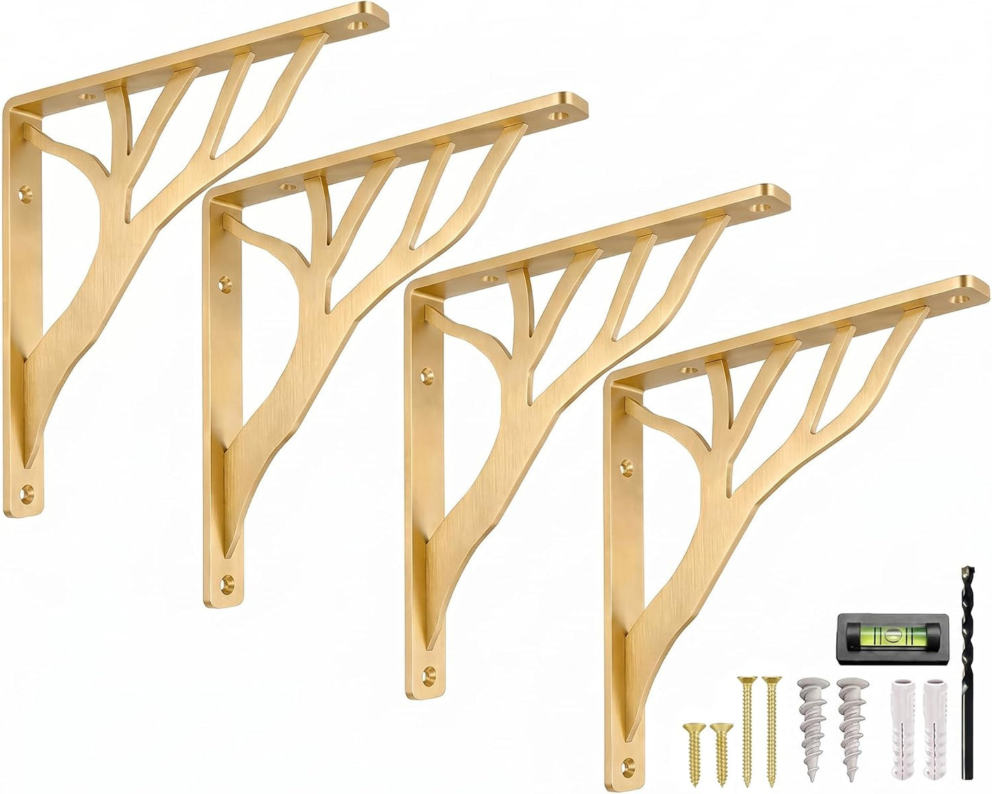 Rustic Tree Brass Heavy Duty Shelf Brackets 10 inch by Balin Designs, Gold Decorative L Brackets, Iron Metal Floating Shelf Bracket, Wall Mount Shelving Bracket, Included Hardware, Set of 4