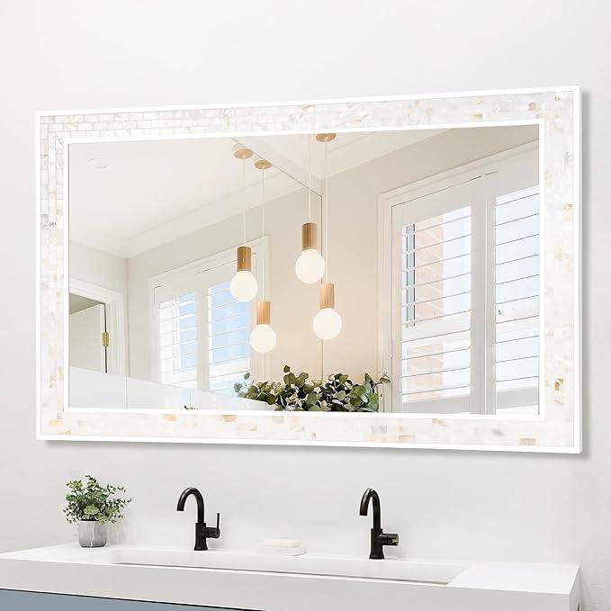 Tanmicoshomy 30 x 48 Inch White Bathroom Mirror, Natural Shell Framed by Tanmicoshomy