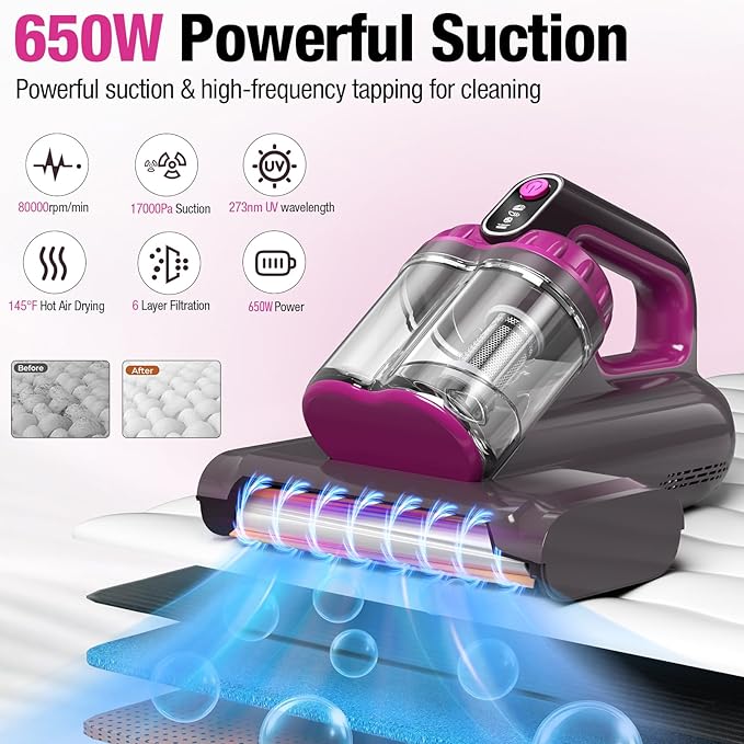 BYHUME Mattress Vacuum Cleaner, 17Kpa 650W Bed Vacuum Cleaner, 273nm UV-C Light - Image 2