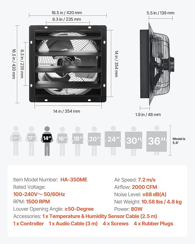 VEVOR 14 inch Shutter Exhaust Fan, Wall Mounted Attic Vent Fan - Image 7