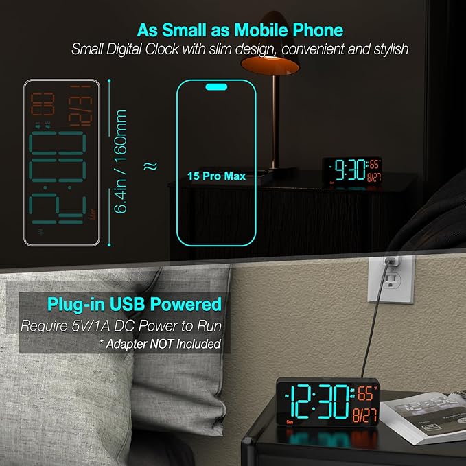 KOSUMOSU Digital Clock for Bedroom 6.7in Alarm Clocks for Living Room, Auto - Image 2
