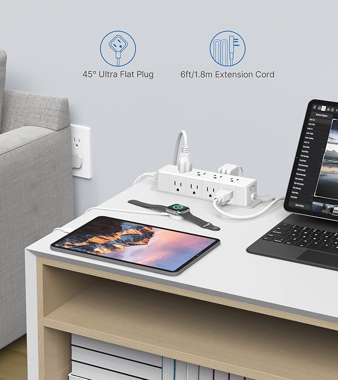 30W USB C Power Strip Surge Protector, Ultra Thin Flat Plug Power Strip 4 Side - Image 9