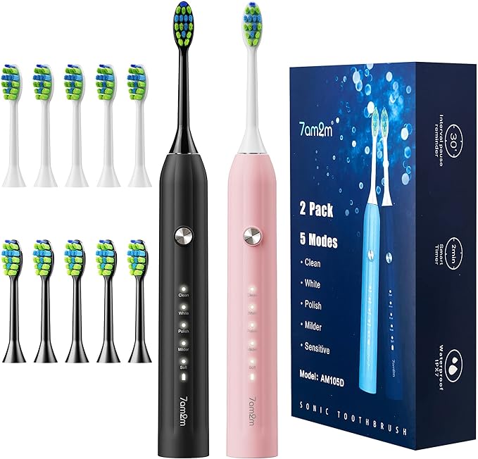 7AM2M Rechargeable Sonic Electric Toothbrush 2 Pack, Soft Toothbrushes by 7AM2M
