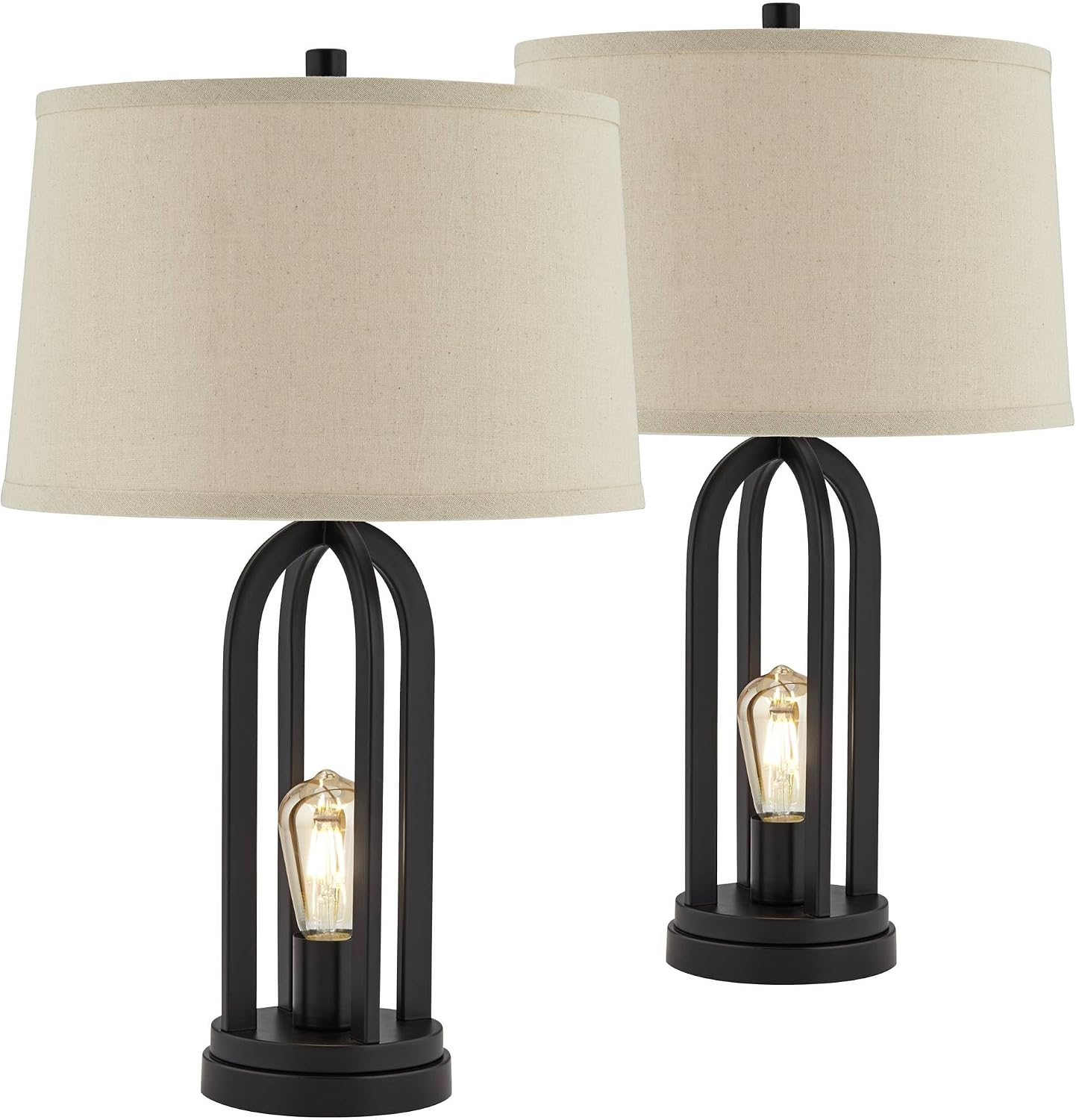 Marcel 24 1/4" High Table Lamp USB Set of 2 LED Night Light Black Modern | USB Port A+C Charging Natural Industrial Metal Bedroom Living Room House Bedside Nightstand Linen Shade