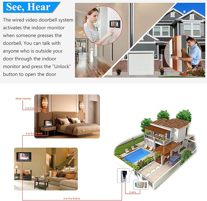 Wired Video Intercom System, 7 Inch Monitor and Aluminum Alloy Doorbell Camera - Image 2