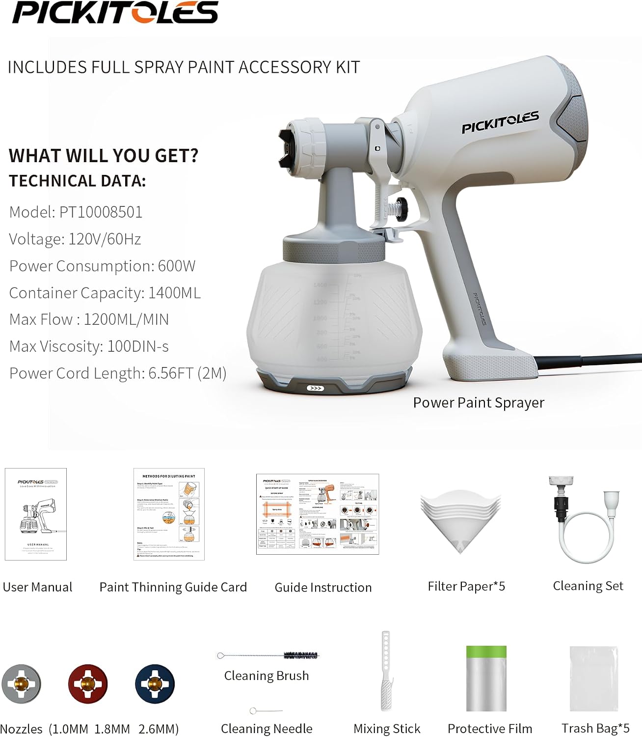 PICKITOLES Paint Sprayer,HVLP Paint Sprayer,Electric Spray Gun with 3 Patterns & 1400ML,for Latex Paint,Stain,Furniture,Cabinet,Wall,House Painting,Garden & DIY,Complete Cleaning Kit,Lunar Grey