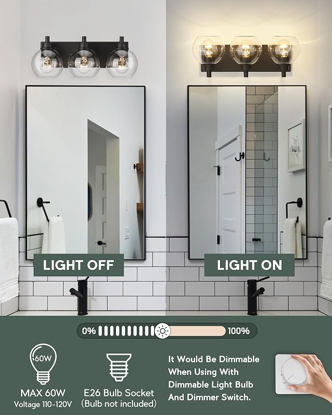 METWET Bathroom Light Fixtures, 3-Light Matte Black Vanity Light, Modern Wall - Image 3