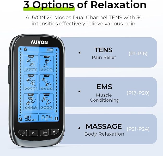 AUVON 3-in-1 TENS Unit Muscle Stimulator, Dual Channel Electronic Pulse Massager - Image 3