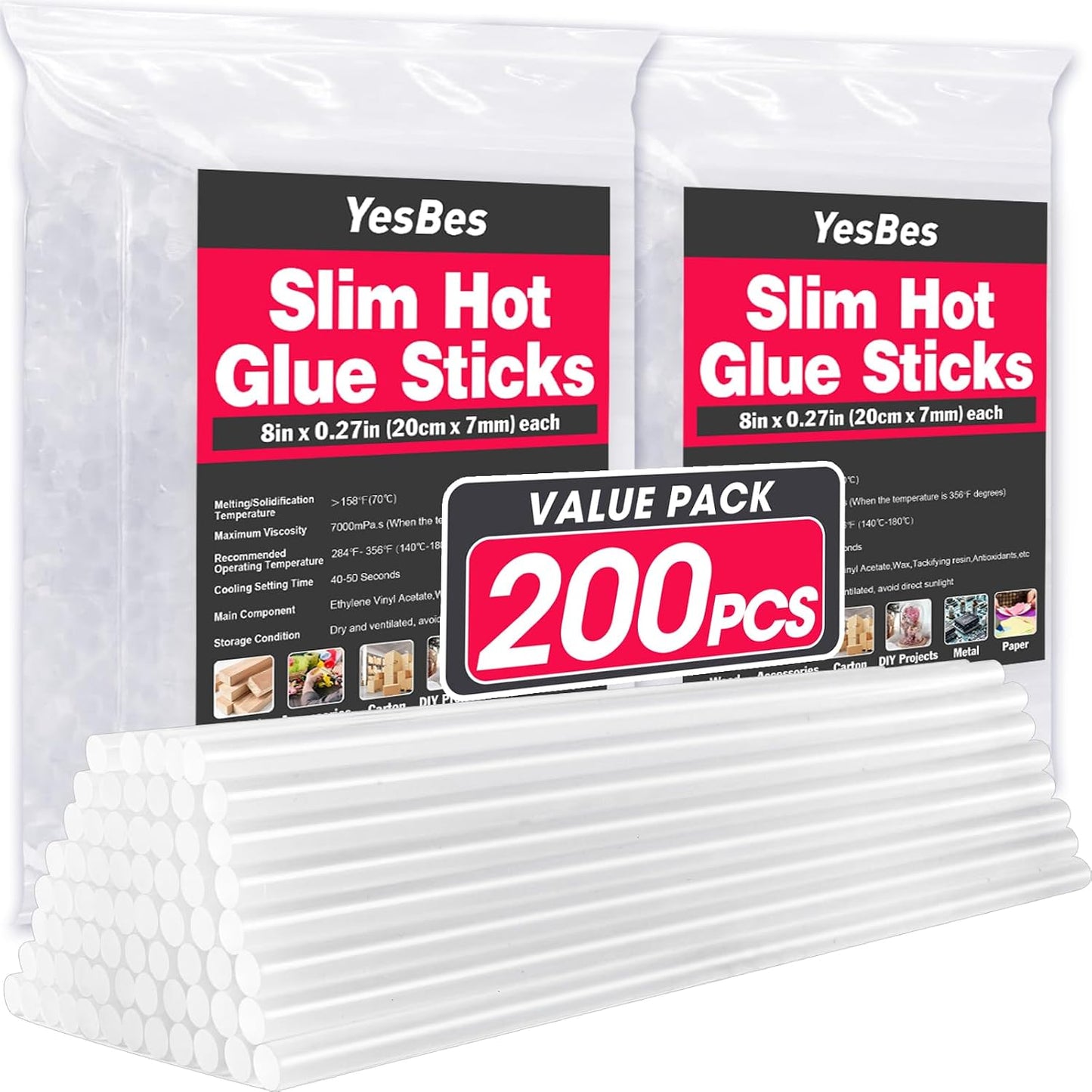200 PCS Hot Mini Glue Sticks, 8" Long x 0.27" Diameter Glue Sticks for Glue Gun, Perfect Fit for Mini Glue Guns, Widely Used in Wood, Metal, Glass, Plastic, Floral, Fabric, and More