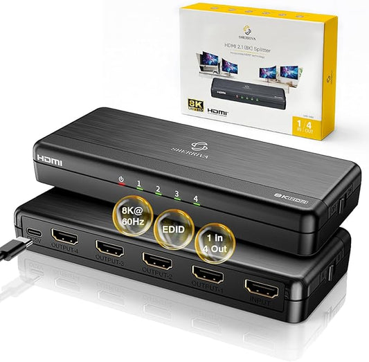 SHERRIVA 8K HDMI Splitter 1 in 4 Out, 1x4 Duplicate/Mirror Screens, HDMI 2.1 by SHERRIVA
