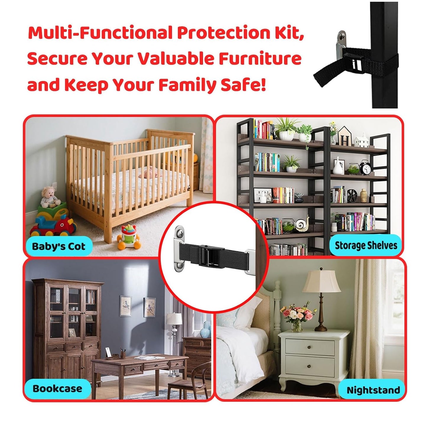 Furniture Anchors (2 Sets) for Baby Proofing,Anti Tip Furniture Anchors,Furniture Wall Anchor,Adjustable Furniture Straps,Wall Anchors for Furniture Securing for Baby&Pet Safety