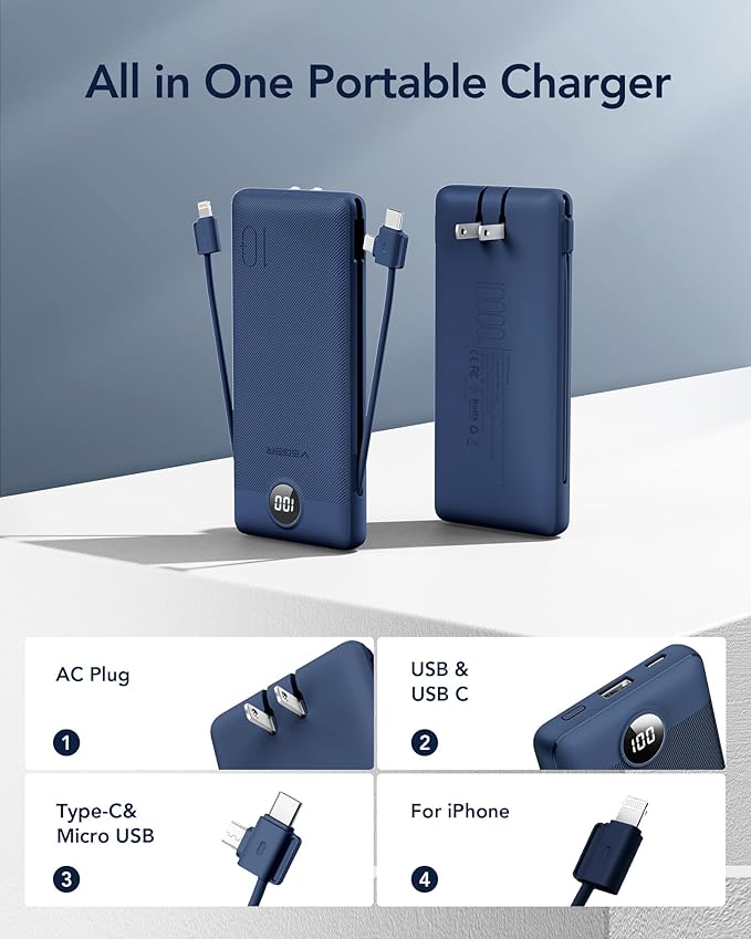 VEGER Portable Charger with Built-in AC Plug and Cables, All in One 10000mAh - Image 2