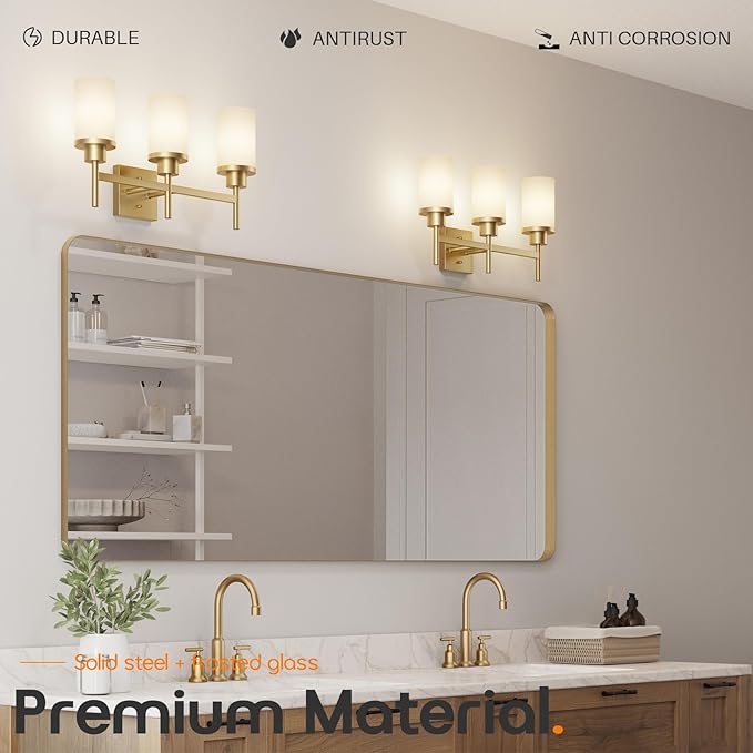 AONEON Bathrom Light Fixtures Modern Gold 3 Vanity Lights Over Mirror, Wall - Image 6