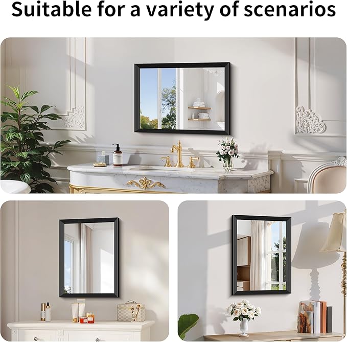 Black Bathroom Mirror 18 x 24 Inch Rectangle Wave Beveled - Image 3