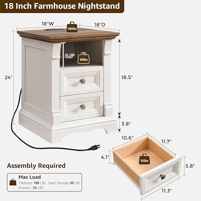 T4TREAM Farmhouse Nightstand Set of 2, Wood Side Table w/Roman Column, Bedside - Image 3