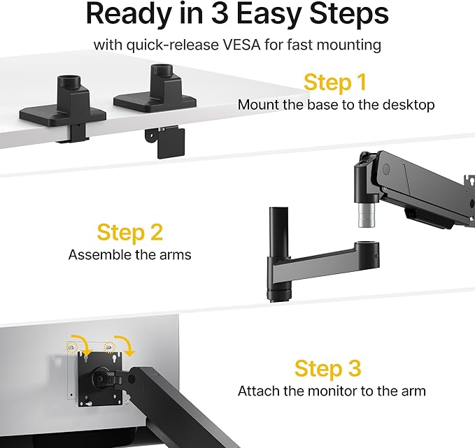 monTEK Tall Single Monitor Arm for 17 to 45 Inch Curved Screen Adjustable - Image 7
