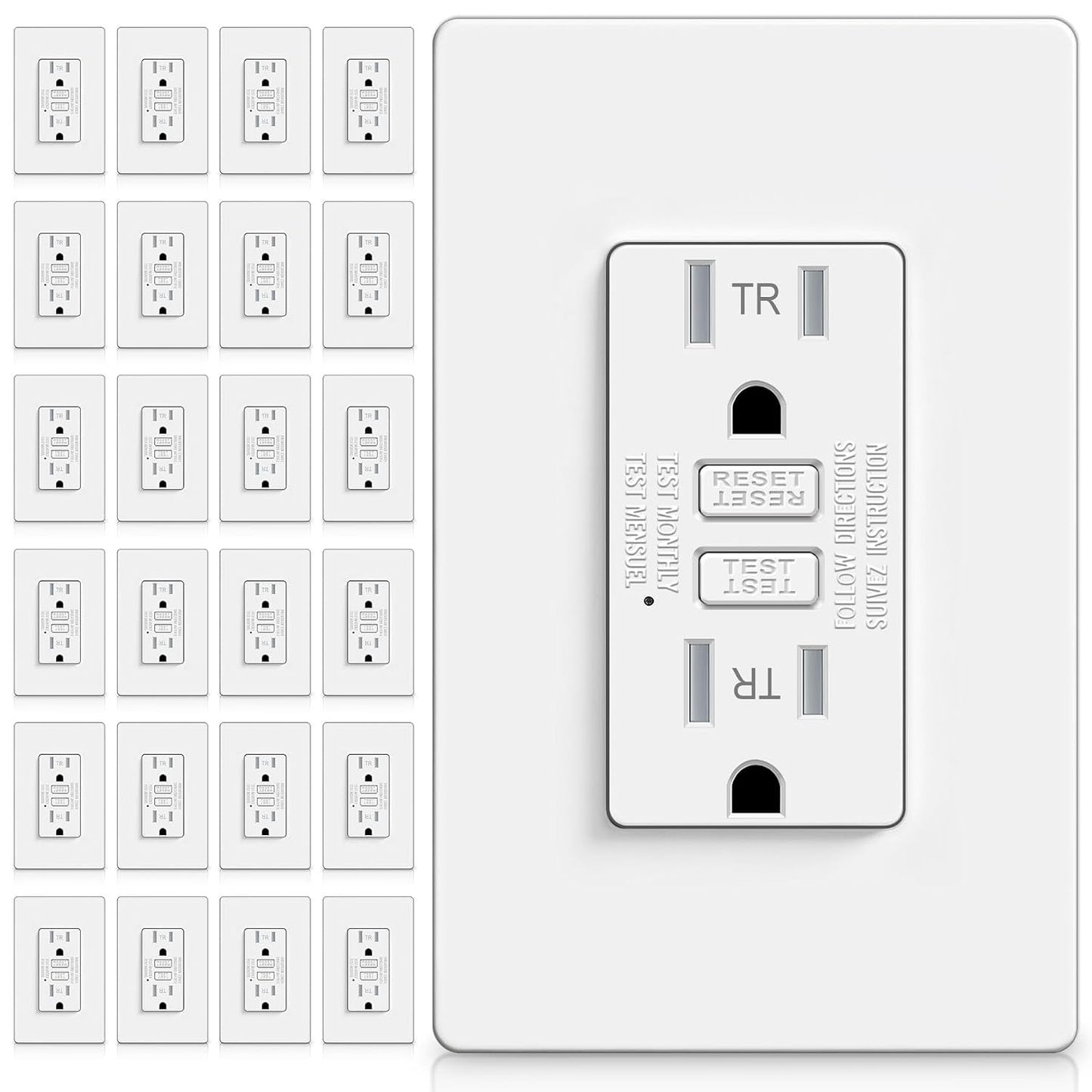 (24 Pack) UNIELE 15A TR GFCI Receptacle with Screwless Wallplate, White | 15A TR GFCI Receptacle, LED Indicator, Slim Design with Screwless Wallplate, ETL Listed, for Residential Indoor Installation