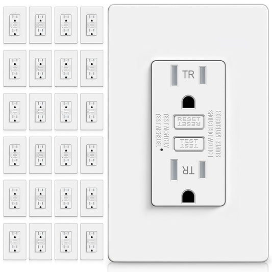 (24 Pack) UNIELE 15A TR GFCI Receptacle with Screwless Wallplate, White | 15A TR GFCI Receptacle, LED Indicator, Slim Design with Screwless Wallplate, ETL Listed, for Residential Indoor Installation