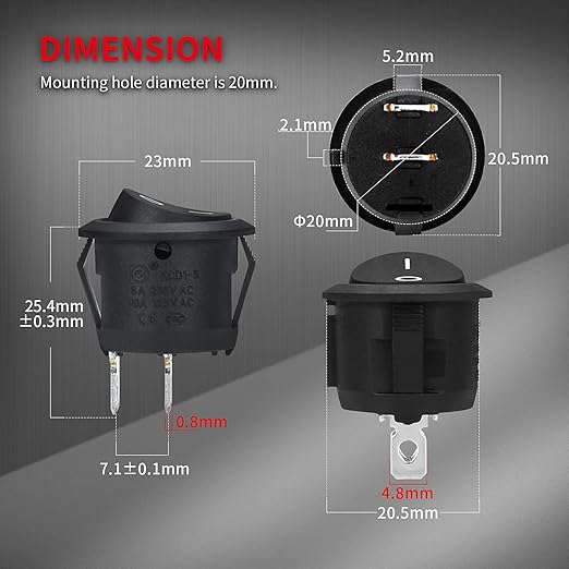 DaierTek UL Listed ON Off Round Rocker Switches SPST 20mm Mini 12 Volt DC Mini - Image 4