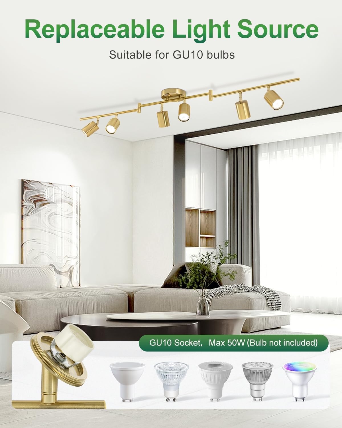 6 Ways Gold Track Lighting Fixtures Ceiling Gu10 Bulbs Not Included | Modern LED Track Light Brushed Gold, Rotatable Heads Foldable Arms, Metal Ceiling Spotlight for Kitchen, Living Room, Hallway