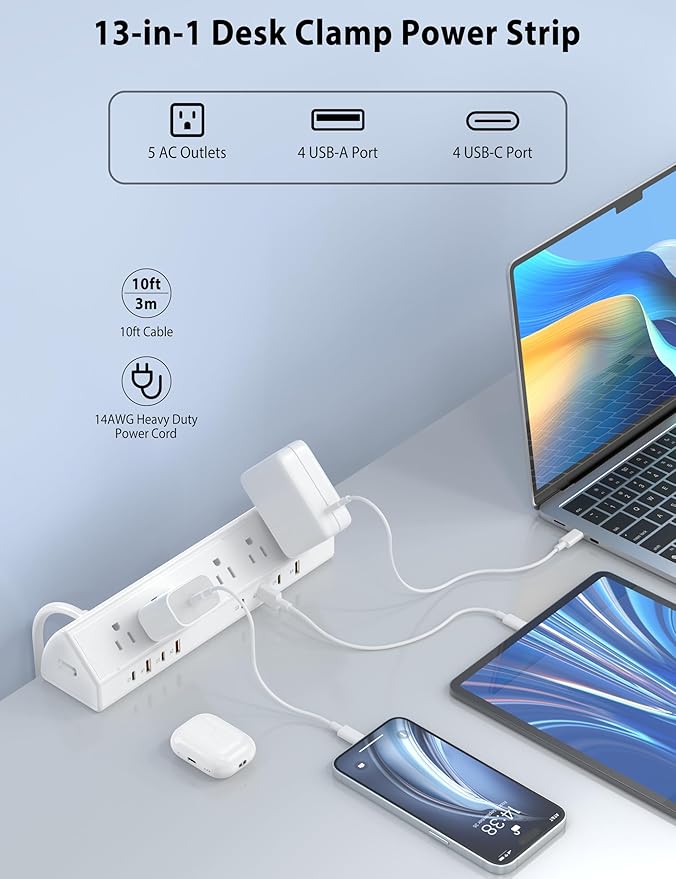 Desk Clamp Power Strip 65W Fast Charging Station, 4 PD USB-C, 5 Outlets - Image 2