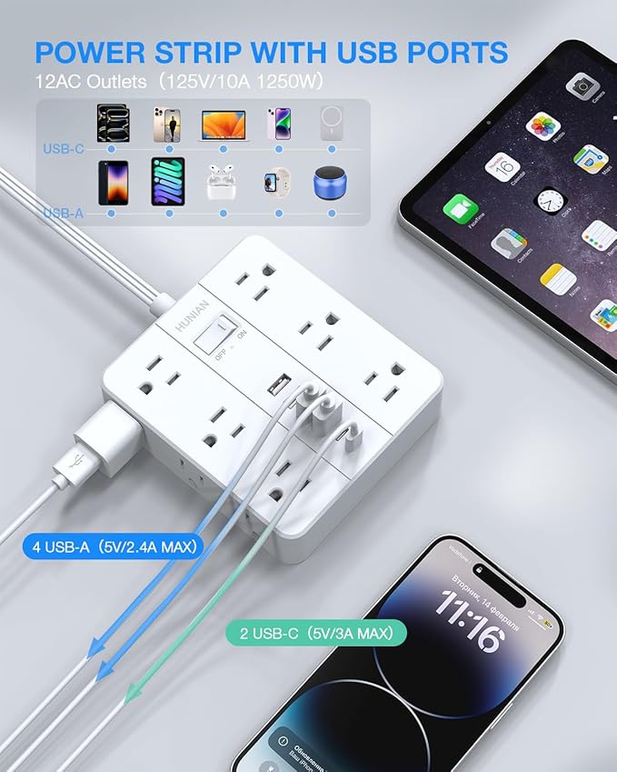 Surge Protector Power Strip 15 Ft Cord, HUNIAN Flat Plug Extension Cord - Image 4