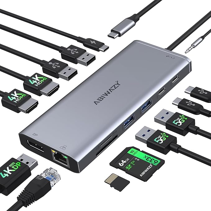 USB C Hub USB-C Docking Station Dual Monitor 14 in 1 Triple Display Multiport by ABIWAZY