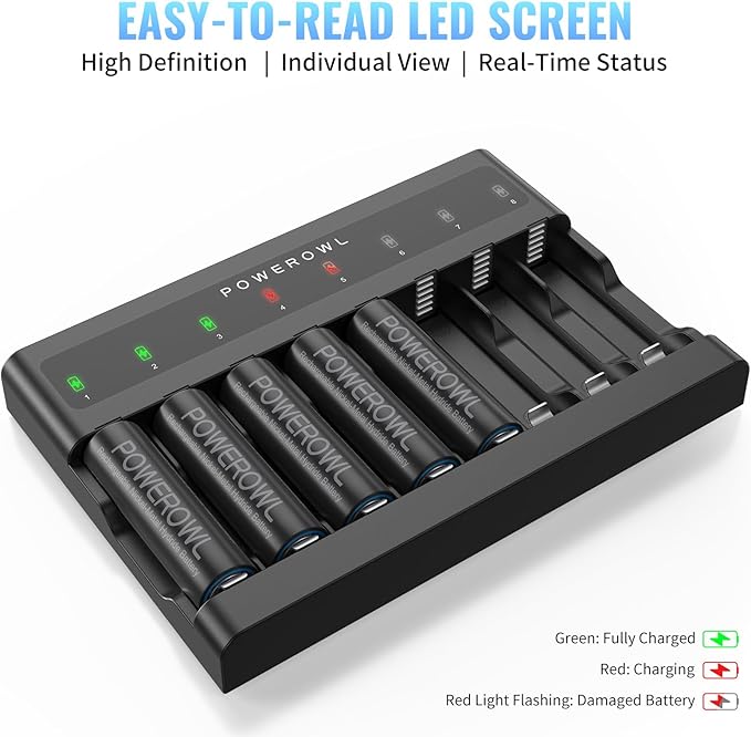 POWEROWL AA AAA Battery Charger 8 Bay, Independent Slot, USB Fast Charging - Image 5