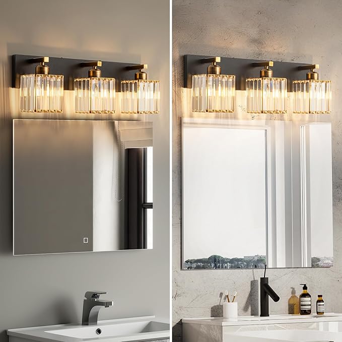 FDPBY Modern Bathroom Vanity Light 3-Lights Black Gold Crystal Bathroom Wall - Image 4