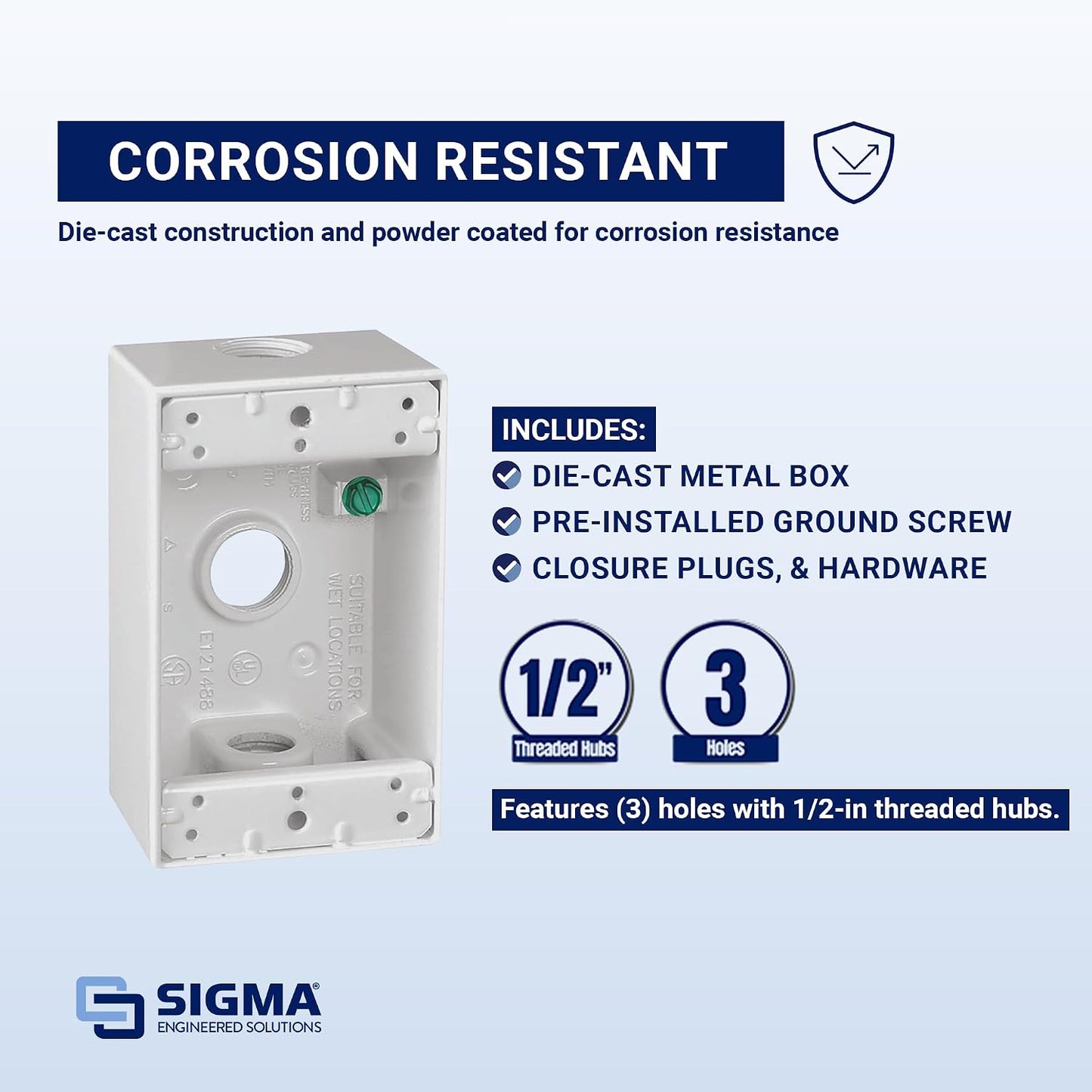 Sigma Engineered Solutions 14250WH Weatherproof 1/2" 3 Hole 1-Gang Box, WH