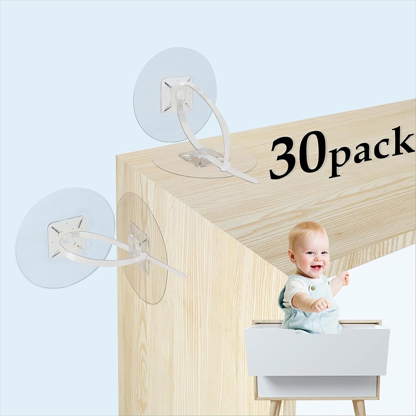 Furniture Anchors (30 Pack) No Drill Upgraded Straps for Baby Proofing, Self-Adhesive Secure 168 Pound Furniture Prevent Falling Anti Tip Earthquake Straps for Child Safety (Clear)